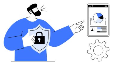 Kalkanı kilit sembollü tutan adam, akıllı telefondaki analizlere bakıyor, çark yakında. Siber güvenlik, veri koruması, mahremiyet, çevrimiçi güvenlik, bilişim yönetimi, dijital riskler teknolojisi için ideal