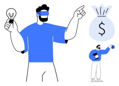 Fikir ve çözümleri sembolize eden ampullü bir birey para çantasına doğru hareket eder. İkinci kişi bir tablette veri üzerinde çalışıyor. Yenilik, yaratıcılık, strateji, liderlik, takım çalışması için ideal