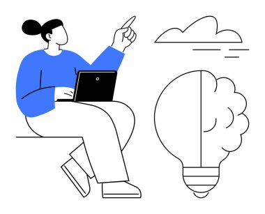 Bulut ve beyni harmanlayan ampul parçalarını gösteren bir dizüstü bilgisayar üzerinde çalışan biri. İlham, yaratıcılık, beyin fırtınası, yenilik, fikirler, teknoloji, öğrenme için ideal. A