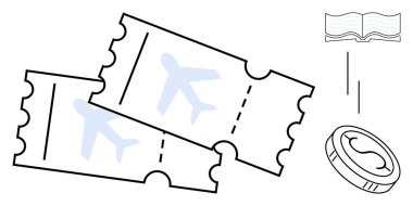 Uçak ikonlu iki uçak bileti, açık bir kitap ve düşen bir para. Seyahat planlama, bütçe, eğitim, iş gezileri, turizm, küresel bağlantı ve finansal kavramlar için idealdir. Basit.