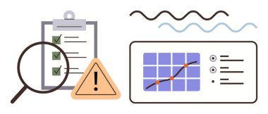 Alarm, analitik çizelge ve değerlendirme, trend ve karar verme çizgileriyle kontrol listesinin üzerindeki büyüteç. Araştırma, kalite kontrolü, verimlilik ve izleme için ideal