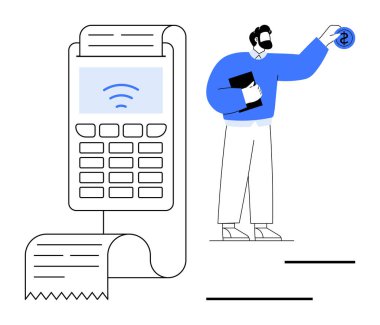 Fatura ve kablosuz sembollü NFC ödeme terminali. Para ve belge müşterinin elinde. Finans, perakende, bankacılık, e-ticaret, teknoloji, yenilik için idealdir.