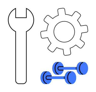 Anahtar, vites ve mavi halterler tamir, üretkenlik, mekanik sistemler ve sağlık gelişimini yansıtıyor. Endüstri, fitness, mühendislik, mekanik teknolojisi geliştirme için idealdir.