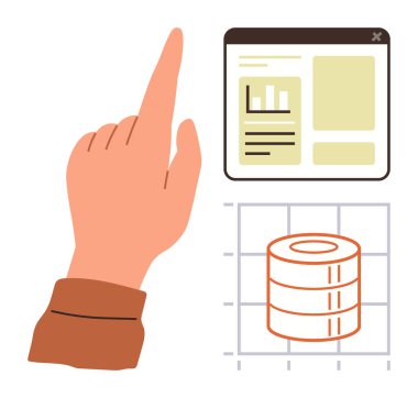 Grafik, veri tabanı simgesi ve grafikli UI paneli. Teknoloji, veri yönetimi, analitik, iş büyümesi, dijital araçlar, arayüz tasarımı için ideal basit düz metafor