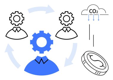 Dişli kafası oklarla bağlı insanlar işbirliğini, dairesel ekonomiyi, karbon azaltımını ve sürdürülebilirliği sembolize ediyor. Takım çalışması için ideal, eko-verimlilik, kaynak koruma, yenilenebilir enerji
