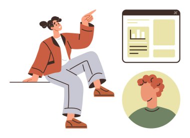 Bir profil avatarı eşliğinde grafikler ve metinlerle tarayıcı penceresine doğru hareket eden bir kadın. Liderlik, sunum, takım çalışması, veri analizi, yaratıcılık, iletişim, modern kavramlar için ideal