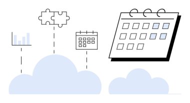 Bulut elementleri bar tablosunu, bulmaca parçalarını ve takvimleri birleştirerek organizasyonu, işbirliği ve analitiği temsil eder. Planlama, proje yönetimi, takım çalışması, teknoloji zaman yönetimi için ideal