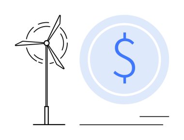 Dolar işaretinin yanında enerji üreten rüzgar türbini finansal büyüme, temiz enerji ve ekonomik sürdürülebilirliği temsil ediyor. Yenilenebilir enerji, finans, sürdürülebilirlik, çevre, temiz