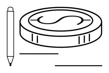 Minimalist çizgileri olan bir kalemin yanında dairesel dijital jeton. Finans, engelleme zinciri, kripto para birimi, dijital ekonomi, güvenlik, yenilik, yaratıcılık, basit düz metafor