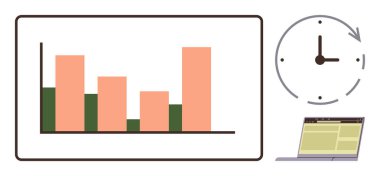 Veri analizi, zaman izleme ve verimliliği temsil eden saat ve dizüstü bilgisayarlı grafik sunumu. İş için ideal, verimlilik, planlama, takım çalışması, strateji, zaman düz metafor
