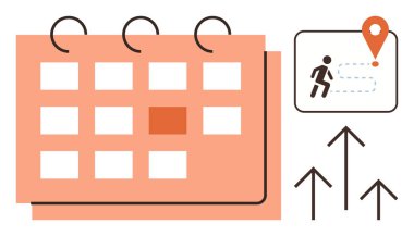 Belirli bir tarihi belirten bir takvim, çalışan ve konum broşlu bir navigasyon yolu, yukarı bakan oklar. Zamanlama, planlama, üretkenlik, büyüme, hedef belirleme, strateji kişiselliği için ideal