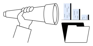 El sıkışan teleskop görüşü veya aramayı sembolize ediyor. Çubuk grafik analizleri iletir, dizin de organizasyon için. İş, strateji, analitik, planlama, araştırma, keşif için ideal basit bir daire