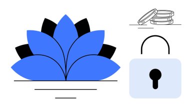 Mavi nilüfer çiçeği, bozuk para yığını ve asma kilit dengeyi, mali dengeyi ve güvenliği sembolize eder. Finans, meditasyon, sağlık şifreleme güvenlik kişisel gelişim farkındalığı için idealdir. Basit.