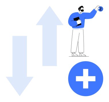 Bir tablet tutan profesyonel, yukarı ve aşağı oklarla değeri artırmak için para birimi ekliyor. Finans, iş büyümesi, yatırım, kar optimizasyonu, strateji, ekonomi için ideal