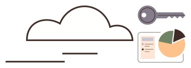 Ana hatlı bulut, anahtar, pasta çizelgesi ve belge. Bulut hesaplama, çevrimiçi güvenlik, veri depolama, analitik, dijital gizlilik teknolojisi için ideal. Basit düz metafor