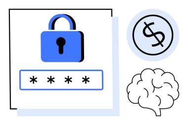 Şifre alanı, beyin ikonu ve güvenlik, şifreleme, finansal güvenlik ve fikri mülkiyet korumasını simgeleyen para birimi sembolüyle kilitle. Siber güvenlik, finans, şifre yönetimi için ideal