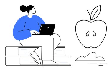 Dizüstü bilgisayarda çalışan kişi, büyük elma ve küçük bulutun yanındaki istiflenmiş kitapların üzerinde oturuyor. Eğitim için ideal, çevrimiçi öğrenme, üretkenlik, sağlıklı yaşam tarzı, bilgi, yaratıcılık, basit düz