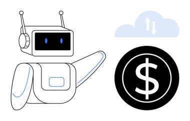 Dost canlısı robot bulutları oklarla ve dolarla işaretliyor, yapay zeka otomasyonunu, bulut hesaplamasını, finans, veri transferini, fintech, iş akışlarını ve modern teknolojiyi simgeliyor.
