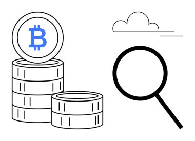 Bitcoin paraları büyüteç ve bulutun yanına istiflenmiş. Kripto para birimi, engelleme zinciri, mali analiz, yatırım, fintech, veri araması, piyasa trendleri için ideal. Basit düz metafor