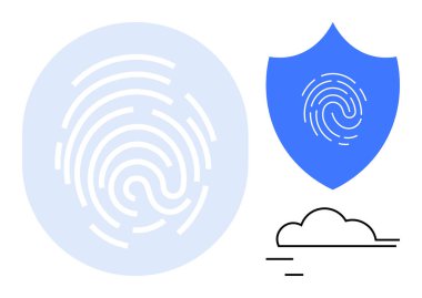 Parmak izi sembolü, mavi güvenlik kalkanı, bulut tasarımı. Siber güvenlik, kimlik, veri depolama, bulut hesaplama, kimlik doğrulama koruma gizliliği için idealdir. Minimalist düz kavramsal metafor