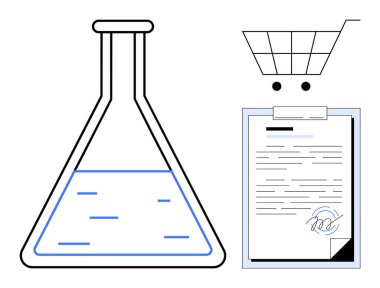 Laboratuvar matarası, imzalı belge ve alışveriş arabası yenilikleri, anlaşmaları ve ticareti temsil ediyor. Bilim, sözleşmeler, iş teknolojisi eğitimi, e-ticaret minimalizmi için idealdir. Basit düz