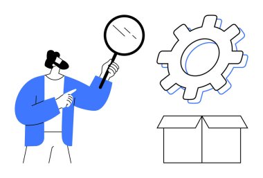 İnsan, büyüteçle büyük bir teçhizatı inceler ve onu gösterir. Yakınlardaki kutuyu aç. Araştırma, yenilik, problem çözme, analiz, keşif mühendisliği keşfi için ideal. Basit düz