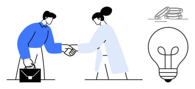 İki profesyonel el sıkışıyor, evrak çantası, bozuk para ve ampul. Ticari başarı, takım çalışması, yenilik, girişimcilik finansal büyüme işbirliği ağı için idealdir. Basit düz