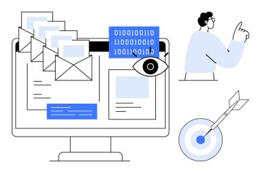 Bilgisayar ekranında analitik ve takip simgeleriyle, işaret hareketleriyle ve hedef simgesiyle temsil edilen e-postalar. E- posta pazarlama, analitik, üretkenlik, iletişim, strateji ve reklamcılık için ideal