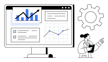 Bilgisayar ekranında çizelgeler, grafikler ve kontrol listeleri var. Doktor elinde pano gösteren dişli sembolü tutuyor. Analiz, sağlık, karar verme, teknoloji, yenilik, takım çalışması için ideal