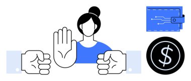 El sıkışık yumruklar, dijital cüzdan ve bozuk para arasında el kaldırarak el hareketi yapan bir kadın. Finans, bütçe, güvenlik, sınırlar, müzakere koruma farkındalığı için idealdir. Basit düz metafor