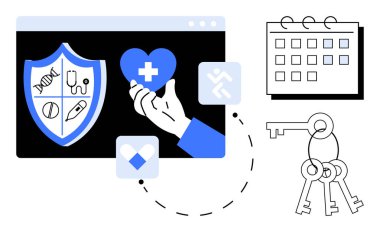 Tıbbi simgelerle kalkan, haçlı kalple el ele tutuşmak, takvim ve anahtarlar. Sağlık hizmetleri, dijital güvenlik, organizasyon, tıbbi kayıtlar, randevu planlama sigortası için ideal erişim