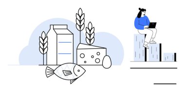 Gıda maddeleri sağlığın sembolü olarak süt, tahıl, peynir, balık ve yumurtayı gösterir. Bar tablosunda oturan biri dizüstü bilgisayarda çalışır. Büyüme, beslenme, analiz araştırma istatistikleri için ideal tarım