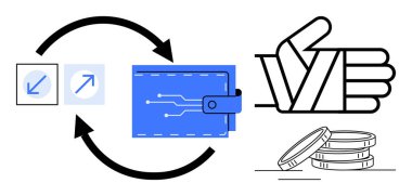 Devreli cüzdan, iki zıt ok, baş parmak işareti, istiflenmiş paralar ve takas simgeleri. Finans, kripto para birimi, yatırım, güvenlik dijital ödemeleri için ideal e-ticaret dairesi