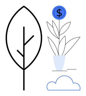 Minimum ağaç çizgisi, çiçek olarak dolar işareti olan saksı bitkisi ve bulut. Sürdürülebilirlik, büyüme, eko-finans, yenilik, ekonomi zenginliği ve denge temaları için ideal. Basit düz metafor