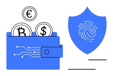 Elektronik cüzdanda Euro, Bitcoin ve dolar paralarının yanı sıra parmak izi güvenlik kalkanı var. Kripto para birimi, güvenlik, fintech, dijital ödeme, mahremiyet, blok zinciri güveni için ideal