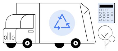 Atık yönetimi, sürdürülebilirlik ve ekolojiyi vurgulayan eko üçgen okları, ağaç ve hesap makinesi olan geri dönüşüm kamyonu. Çevre eğitimi, eko-ticaret, yeşil lojistik, sürdürülebilir