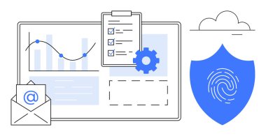 Analiz çizelgesi, dosya, e-posta ikonu, teçhizat ve parmak izi kalkanı olan gösterge paneli. Veri gizliliği, siber güvenlik, güvenli iletişim, uyum izleme, analiz bulut deposu için ideal
