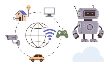 Robot, ev, araba, güvenlik kamerası, bilgisayar ve kablosuz bağlantısıyla küresel ağ ile etkileşime geçiyor. İOT, otomasyon, yapay zeka teknolojisi bağlantı akıllı ev yeniliği için idealdir. Basit düz