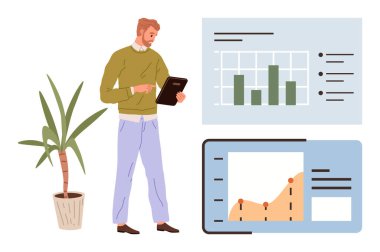 Çizelge ve çizelgelerdeki görselleştirilmiş verilerin yanında bir tabletle etkileşime giren kişi. İş, analitik, büyüme, karar verme, eğitim, yönetim, sunumlar için idealdir. Basit düz metafor