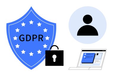 GDPR metni, kilit simgesi, kullanıcı profili grafiği ve dizüstü bilgisayarı olan mavi kalkan veri gizliliğini, güvenliği ve uyumu sembolize eder. Gizlilik politikaları, veri koruması, kullanıcı güveni şeffaflığı için ideal