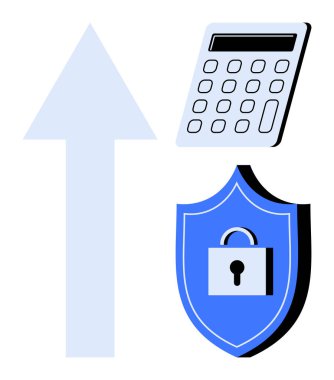 Hesaplayıcı, yukarı doğru ok ve kalkan kilidi güvenli finansal büyüme, koruma ve istikrarı vurguluyor. Finans, iş büyümesi, siber güvenlik, teknoloji yatırım planlama tasarrufu için ideal