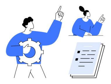 Ekip çalışması yapan iki kişi, biri dişli ve diğerini işaret ediyor, kontrol listesinin yanında. Yenilik, strateji, organizasyon, eğitim, verimlilik planlama takım çalışması için idealdir. Basit.