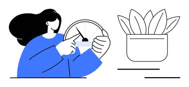 Ölçü ve ilerlemeyi temsil eden bir ölçü aletini işaret eden bir kadın, yapraklı bir saksı bitkisiyle eşleştirilmiş. Sağlık, verimlilik, büyüme, sürdürülebilirlik, denge ve farkındalık için ideal