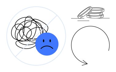 Karmaşık çizgi üzerinde mavi üzgün yüz, yasak tabela, bozuk para, dairesel ok. Stres yönetimi, verimlilik, mali planlama, iş akışı basitliği, zihinsel sağlık çatışması çözümü için ideal