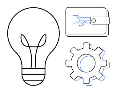 Fikirler için ampul, fintech için devreli dijital cüzdan ve işlem için teçhizat. Yenilik, fintech, teknoloji, otomasyon, yaratıcılık finansman temaları için idealdir. Basit düz