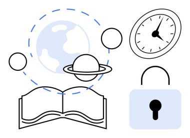 Açık bir kitap, dünyanın yörüngesindeki gezegenler zamanı simgeleyen saat ve güvenlik kilidi. Bilgi, zaman yönetimi, eğitim, küresel fikirler için ideal güvenlik sürekli öğrenme. Basit.
