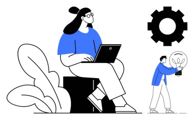 Soyut elementlerin ortasında dizüstü bilgisayarı olan bir kadın. Elinde parlak bir ampul tutan bir adam. Takım çalışması, yenilik, yaratıcılık, üretkenlik, beyin fırtınası, teknoloji, basit düz metafor