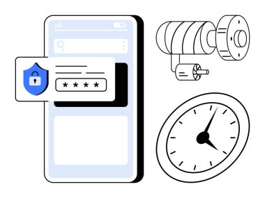 Kalkan ve şifreyle akıllı telefon giriş arayüzü, güvenlik kamerası ve analog saat. Güvenlik, çevrimiçi gizlilik, kimlik doğrulama, izleme, zaman yönetimi ve teknoloji yeniliği için ideal