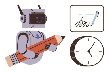 Bir saatin yanında kalem tutan robot yapay zeka odaklı görevleri, yazmayı, zaman yönetimini, otomasyonu, dijital araçları, verimliliği ve verimliliği sembolize ediyor. İş ve teknoloji için ideal.