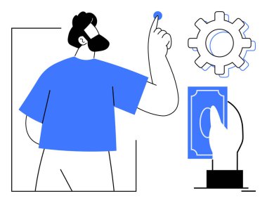 Adam dişli ve el ele tutuşarak yazı-tura atıyor. Karar verme mekanizmasını, işlem yönetimini ve finansal hususları gösteriyor. Başlangıç için ideal, risk analizi, finans, strateji, iş